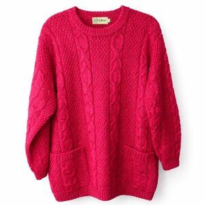 Vintage L.L.Bean Fisherman Cable Knit Wool Sweater Hot Pink Oversized Small